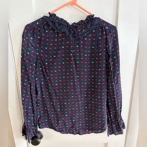 J. Crew Silk Navy Blouse with Multicolor Dots